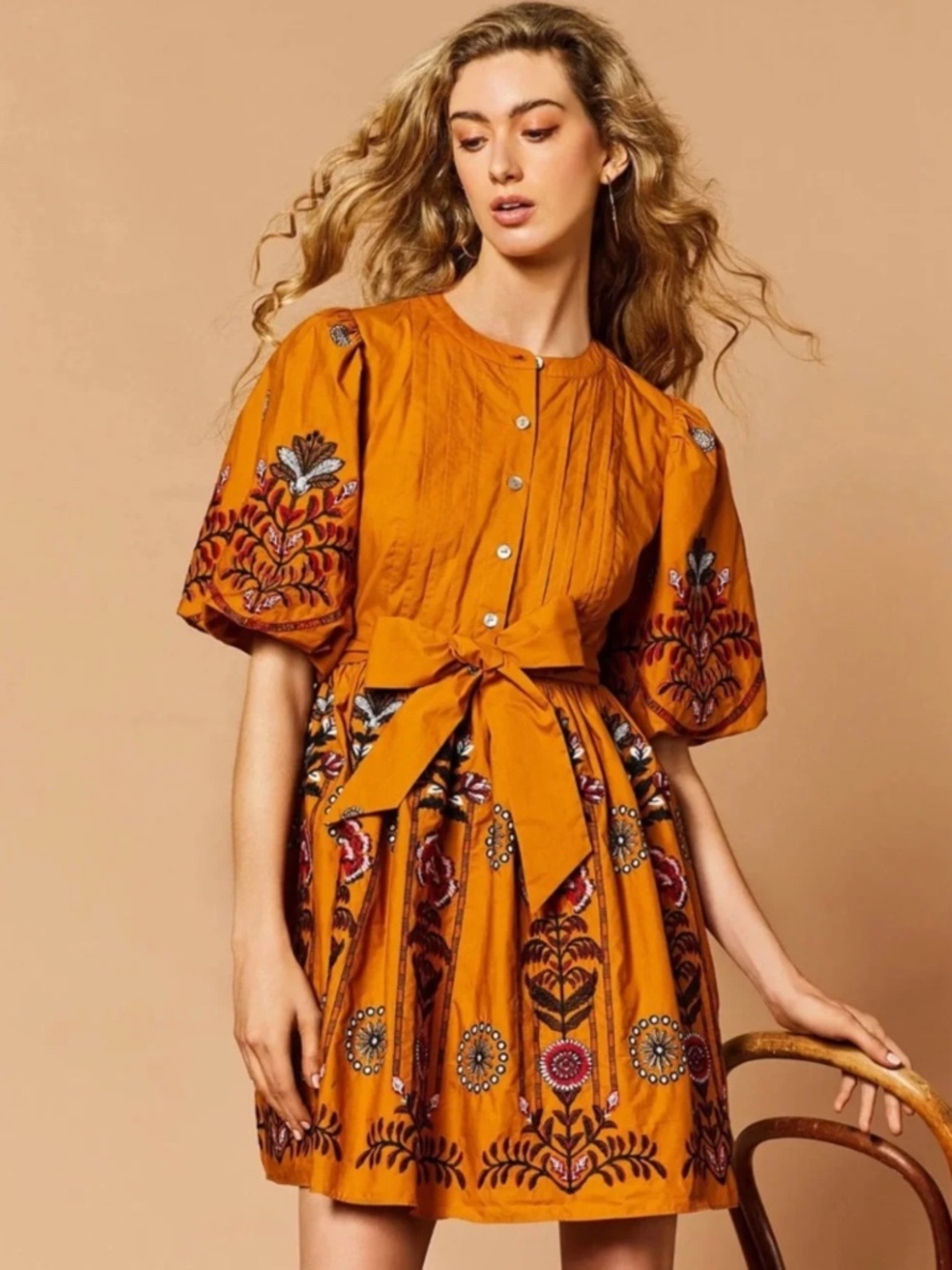 A Loves A Woven Floral Puff Sleeve Button Front Belted A-Line Flounce Dress NWT